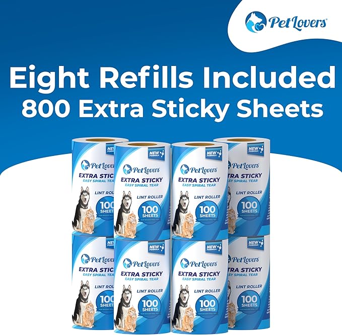 PetLovers Extra Sticky Lint Roller Mega Value Set for Pet Hair Removal Dog and Cat Lint Remover (8 Pack Refills)