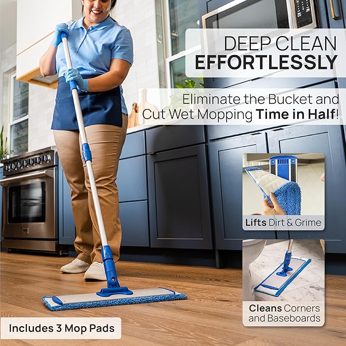 18” Pro Microfiber Hardwood Floor Mop - Cleans Floor in Seconds | Dust &amp Wet Mopping | Hardwood Tile Laminate &amp Vinyl with 3 Washable Pads No Buckets Needed with Deluxe Household Mop