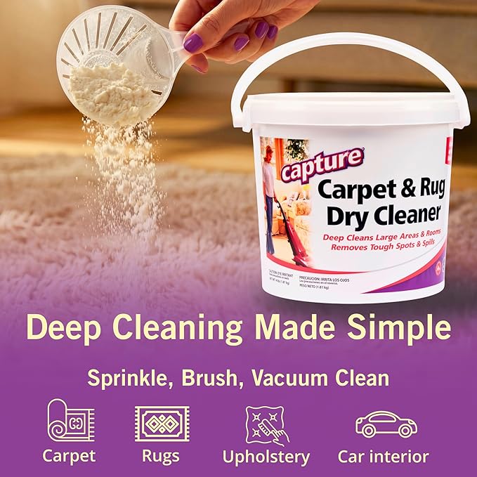 Capture Carpet &amp Rug Dry Cleaner w/Resealable lid - Home Car Dogs &amp Cats Pet Carpet Cleaner Solution - Strength Odor Eliminator Stains Spot Remover Non Liquid &amp No Harsh Chemical (4 Po