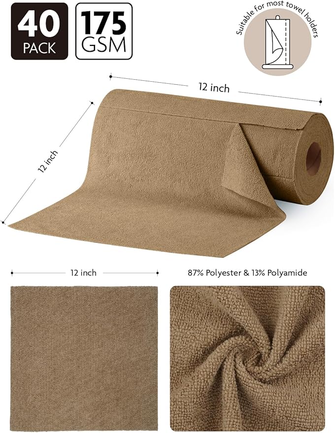 Fantasticlean Microfiber Cleaning Cloth Roll -40 Pack Tear Away Microfiber Towels 12 x 12 Reusable Washable Scratch Free Ultra Absorbent for All-Around Cleaning Supplies (TAN)