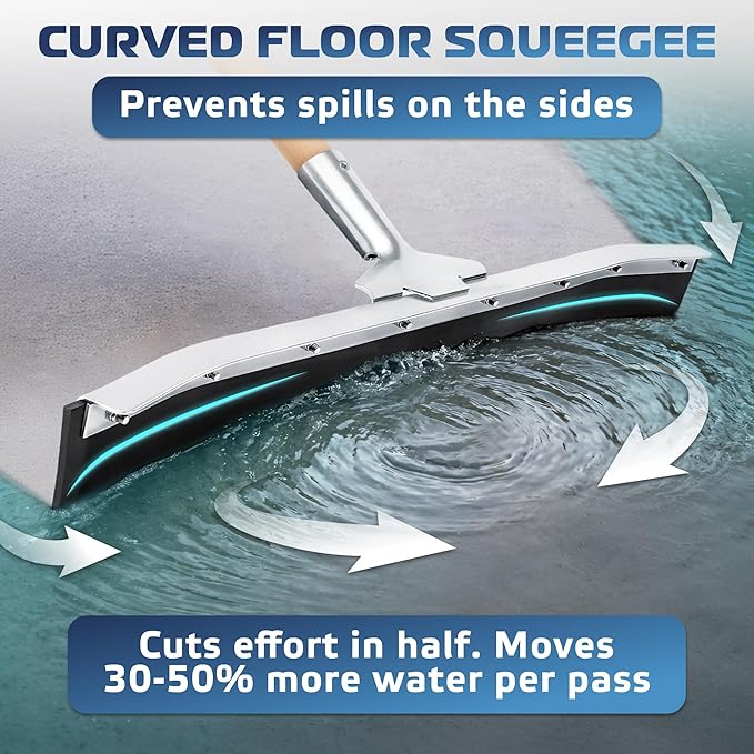 DSV Standard Curved Floor Squeegee 24’’ Rubber Blade Garage Squeegee Taper Pole Connection - Handle Sold Separately for Tiles Concrete and Asphalt