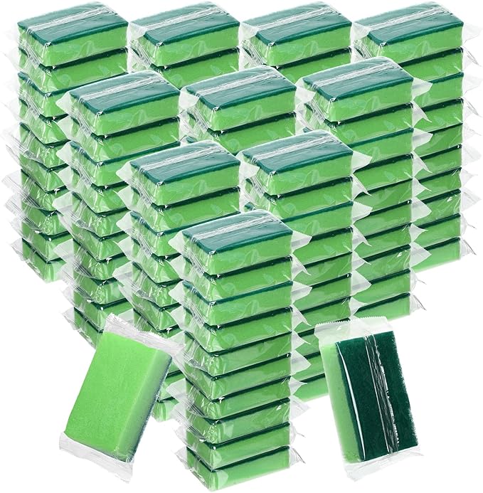 Tioncy 100 Pcs Individually Wrapped Sponges Bulk Kitchen Green Non Scratch Scrub Sponges Dual Sided Cleaning Scrubber for Household Washing Dishes Pots Pans Sinks Stoves Appliances Car Bike