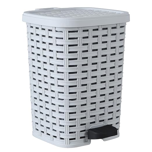 Superio Small Outdoor Trash Can with Lid for Dog Poop 3 Gallon/12 L Mini Plastic Garbage Can with Foot Pedal for Bathroom Bedroom Office Patio Wicker Smoke