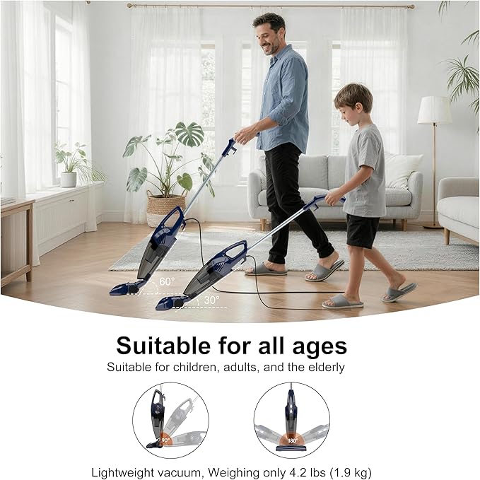 Corded Stick Vacuum Cleaner 3-in-1 Detachable to Handheld with 180°Left-Right Steering 14KPA Powerful Suction for Pet Hair on Hard Floors HEPA Filter Lightweight with 16.4ft Long Cord