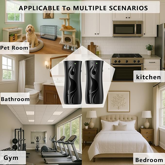 Automatic Air Freshener Spray Dispenser 2-Pack Wall Mounted or FreestandingMultiple Time SettingsCommercial and Home Use in Bathrooms Offices Living Rooms and Commercial Places (Black 1121)