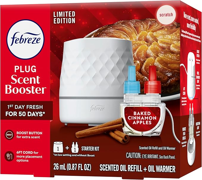 Febreze Plug Scent Booster Starter Kit Oil Diffuser Air Freshener Plug in Continuous Scent 2 Devices + 2 Baked Cinnamon Apple Refill