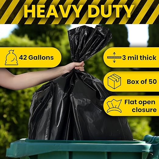 happimess HPM3000G-BLACK 50 Count 42-Gallon 3 Mil 32 in. W x 47 in. H Heavy Duty Contractor Trash Bags for Business Home Kitchen Commercial and Industrial (5-Rolls of 10 Bags)
