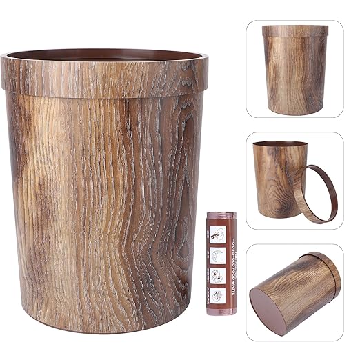 Vintage Wood Grain Trash Can Garbage Bin 10L Plastic Wastebasket with 1 Roll Trash Bags for Bedroom Kitchen Living Room Home Office Use