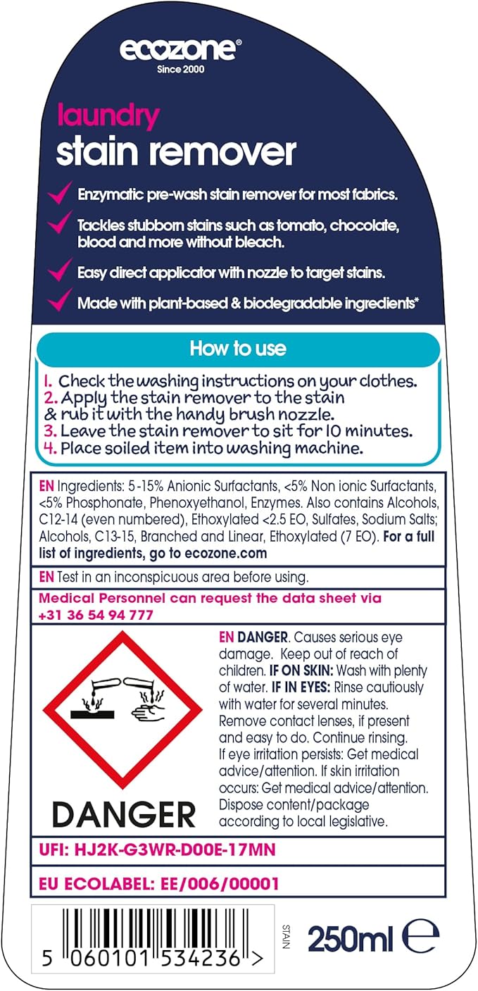 Ecozone Laundry Stain Remover Pre Washing Liquid for Colours &amp White Laundry Multi Purpose Cleaner &amp Fabric Stain Remover for Clothes Vegan Laundry Detergent Eco Cleaning Products (250ml)