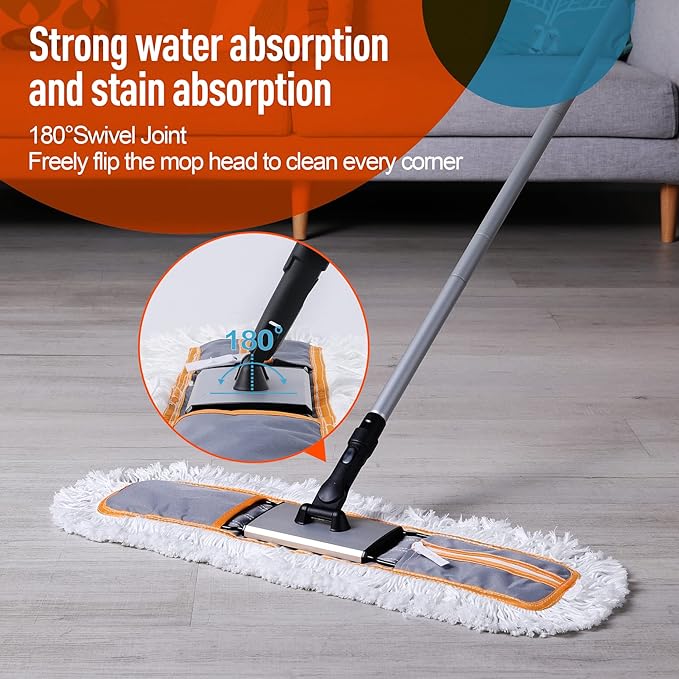 24 Commercial Dust Mop for Floor Cleaning Heavy Duty Sweeper Broom with 2 Microfiber Mop Pads Wet and Dry Duster Sweeper Broom for Marble Laminate Hardwood Floor Cleaning Grey