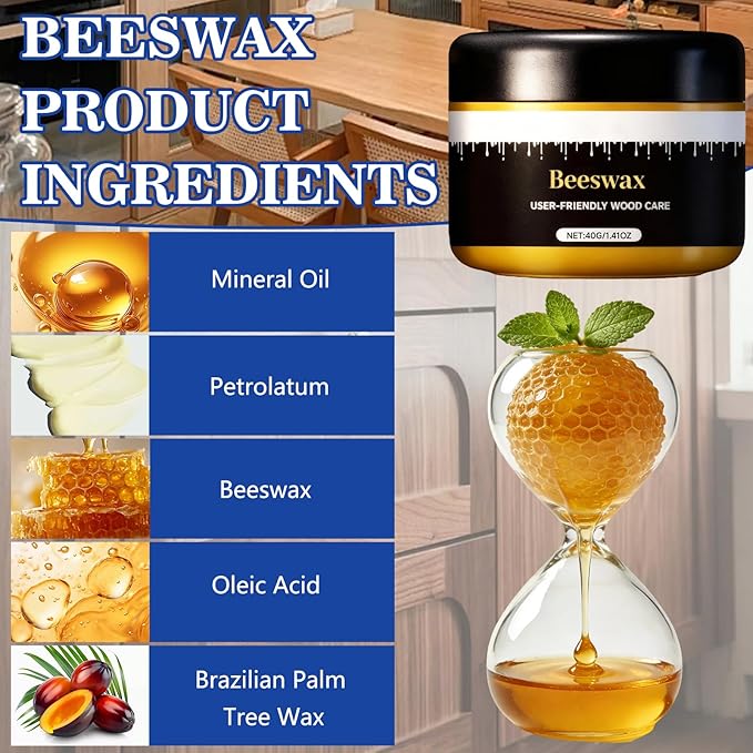 2pcs Wax Beeswax Gleam - Premium Wax &amp Polish All-Natural Wood Conditioner Restorer and Protector for Tables Cabinets Cutting Boards Waterproof