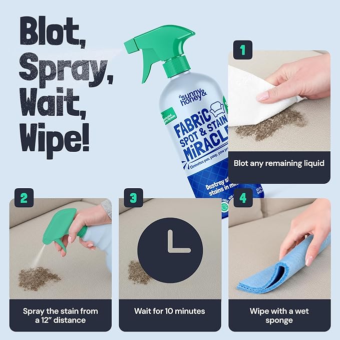 Sunny &amp Honey Upholstery Cleaner Spray - No Discoloration - Pet &amp Kid Safe Stain Remover - Multi-Surface Furniture &amp Sofa Cleaner Spray - Fast-Drying Pet Stain Remover (32 fl oz Mint)