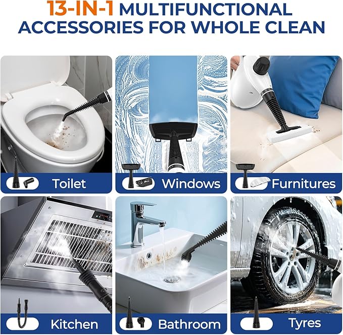 LABIGO Steam Cleaner Pressurized Handheld 13pcs Multi-Purpose Natural Deep Cleaning Steamer Portable Steamer for Cleaning Home Grout Kitchen Car Window Upholstery Bathroom and Clothes White