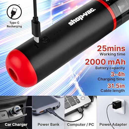 Shop-Vac 2-in-1 Car Vacuum &amp Air Duster 14000Pa Blow/Suction Portable Cordless Vacuum Mini Blower Handheld &amp Lightweight with 6 Nozzles Type-C Rechargeable for Auto/Home/Office