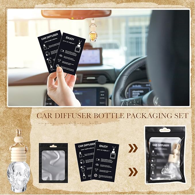 Boao 100 Sets Hanging Car Air Freshener Diffuser Bottles with Instruction Card and 4 x 6'' Resealable Holographic Bag for Empty Car Essential Oil Perfume Bottles Packaging (Black CardSkull)