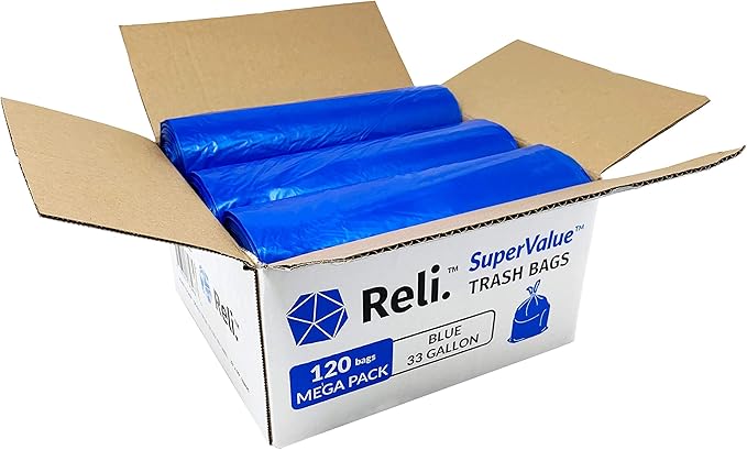 Reli. SuperValue 33 Gallon Recycling Bags (120 Count) Made in the USA - Blue Trash Bags 30-33 Gallon | Recycling Garbage | 33Gal with 30Gal - 35Gal Capacity