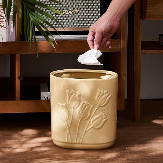 Beige Ceramic Tulips Small Bathroom Trash Can 2.6 Gal (10 Liter) - Heavy &amp Decorative Garbage Bin for Bathroom Kitchen Office Bedroom &amp Living Room Corner