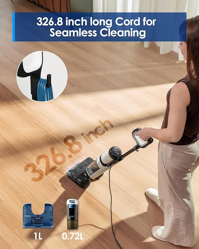 Tineco Corded 3-in-1 Wet Dry Vacuum Mop with Steam Function FLOOR ONE S6 Stretch Steam Tineco BoostSteam 320℉ High-temp Steam Cleaning 180° Lay-Flat Anti-Tangle Design One-Touch Self-Cleaning