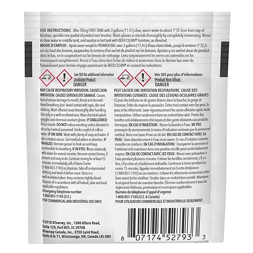 BEER CLEAN Diversey Bar Glass Cleaner 0.5 oz Packets (100-Pack) – Concentrated Powdered Compound for Hot/Cold Water Odorless Detergent No Residue Use for Manual Brush 3-Sink Systems 990221