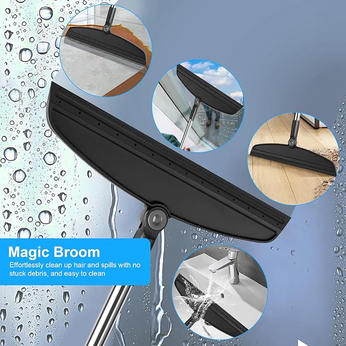 Broom with Dustpan Combo Set and Silicone Air Broom Kit 51 Long Handle Floor Squeegee Black Household Kit for Glass Window Rugs Pet Hair Home