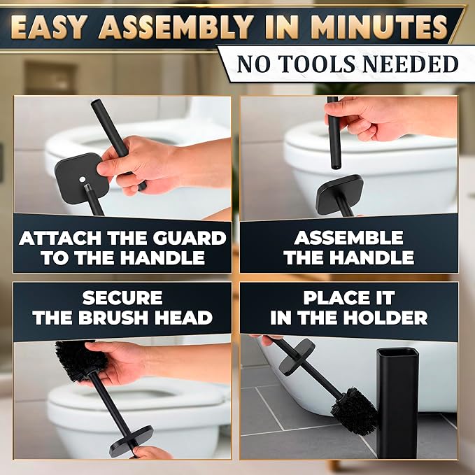 Black Toilet Brush with Square Stainless Steel Holder - Freestanding Toilet Brush and Holder Set Black - Removable Plastic Inner Cup Splash Guard Cover Replaceable Head Corrosion Resistant Finish