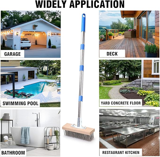 Stainless Steel Wire Scrub Brush with 63 Long Handle 2PCS 12 Brush Heads Heavy Duty Large Wire Brush Stiff Metal Bristle Floor Scrubber Patio Floor Cleaning Wire Broom for Concrete Deck Moss