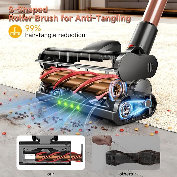 Cordless Stick Vacuum Cleaner - 45KPA Powerful Suction Vacuum with 45 Min Runtime Detachable Battery Anti-Tangle &amp 1.5L Dust Cup 8 in 1 Vacuum Cleaner for Pet Hair Carpet HardFloor Pink