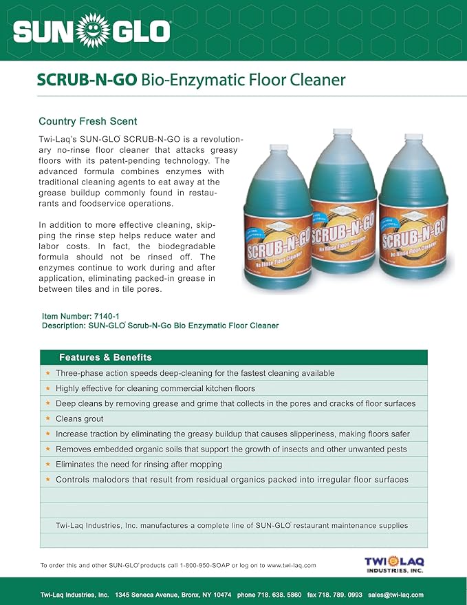 Sun-Glo SCRUB-N-GO - Bio-Enzymatic Multi-Surface Cleaner No Rinse for Floor Cleaner Grout Cleaner and Tile Cleaner Ideal for Kitchen Cleaner - 4x1 Gallon Case