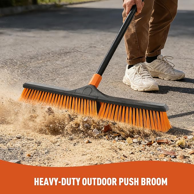 24”Push Broom Brush for Floor Cleaning with 65” Long Handle and Stiff Bristles Heavy Duty Brush for Shop Deck Garage ConcreteIndoor and Outdoor BroomOrange