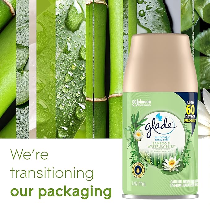 Glade Automatic Spray Refill Air Freshener for Home and Bathroom Bamboo &amp Waterlily Bliss 6.2 Oz 3 Count
