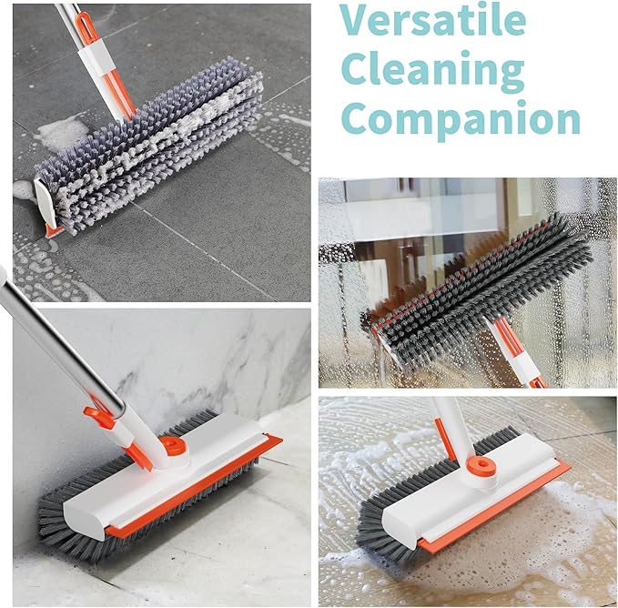 AIR U+ Floor Scrub Brush with Long Handle 3 in 1 Scrape and Heavy-Duty Stiff Bristle Scrubber Brush for Cleaning Shower Bathroom Patio Pool Garage Kitchen Wall and Deck White and Orange