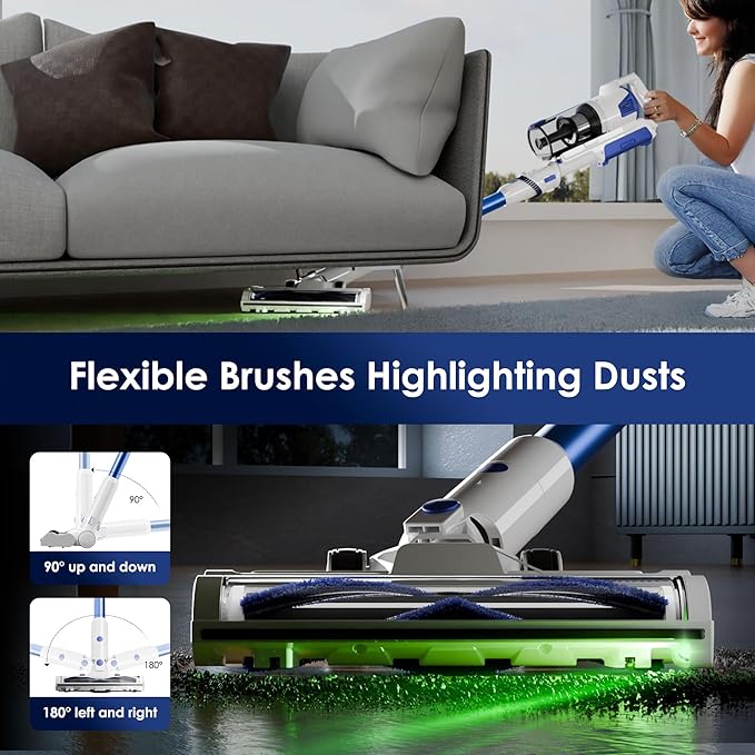 Cordless Vacuum Cleaner with Self-Standing 45KPA Stick Vacuum 88000RPM Brushless Motor &amp LED Display Anti-Tangle Lightweight Vacuum Cleaners for Home Pet Hair Hardwood Floors Azure