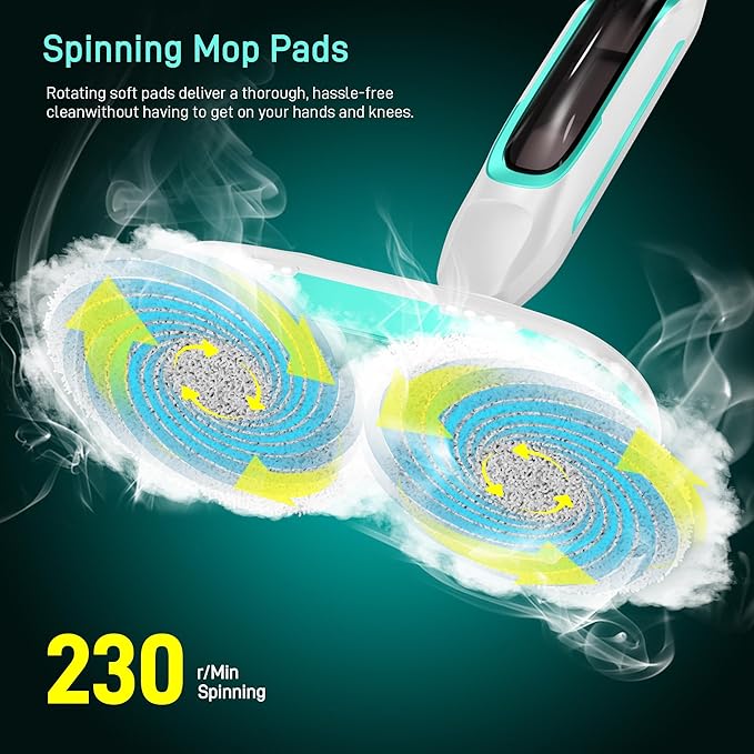 Scrubbing Steam Mop with Rotating Mop Pads All-in-One Hard Floor Cleaner with LED Headlights &amp Swivel Steering