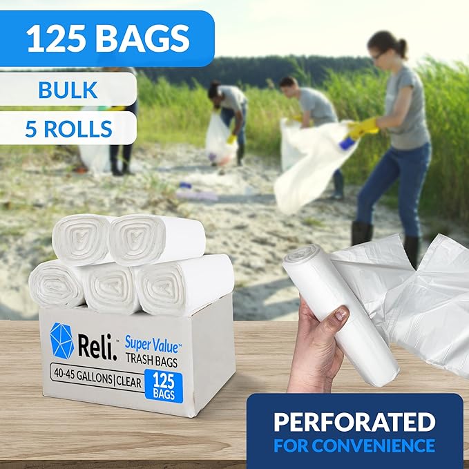 Reli. 40 to 45 Gallon Trash Bags Heavy Duty | 125 Trash Bags with Ties | Super Sizeable Clear Serious Garbage Cleanup
