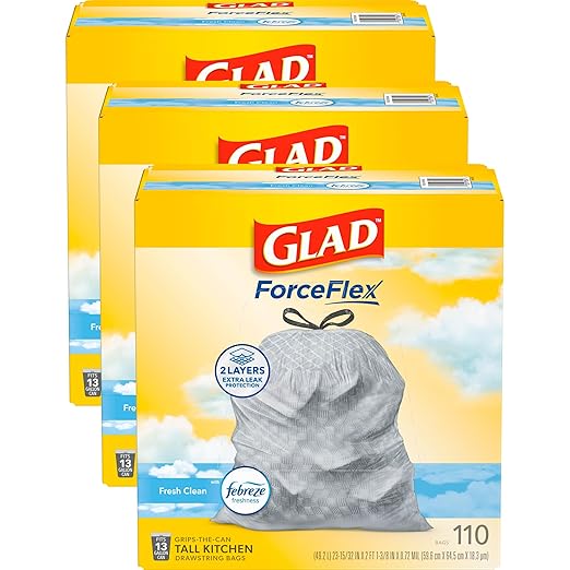 Glad ForceFlex Drawstring Trash Bags 13 Gal Fresh Clean 110 Ct Pack of 3 (Package May Vary)