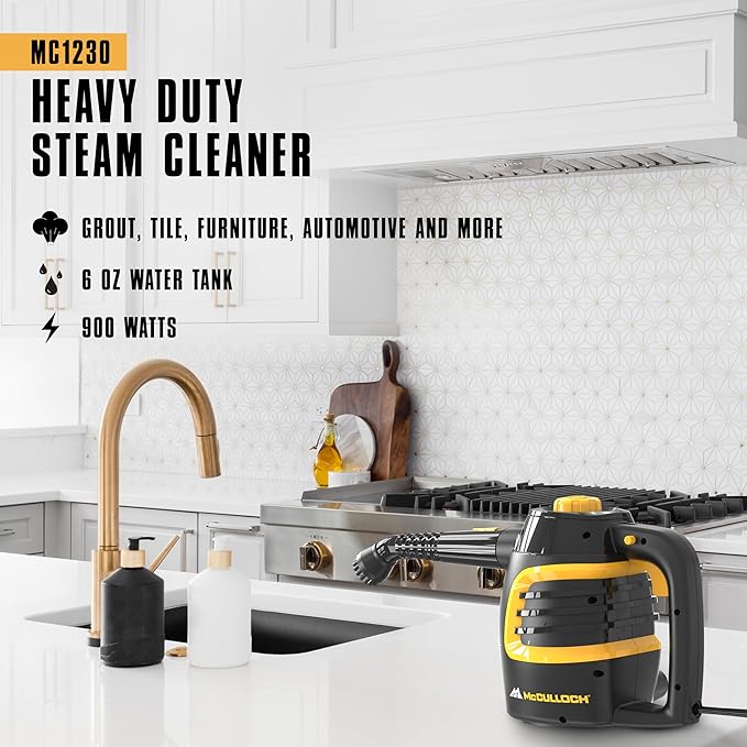 McCulloch MC1230 Handheld Steam Cleaner 10 Minute Runtime 11 Accessories: Jet Nozzle Brushes &amp More - Built for Home Tile Grout Carpet Furniture &amp Personal Car Detailing
