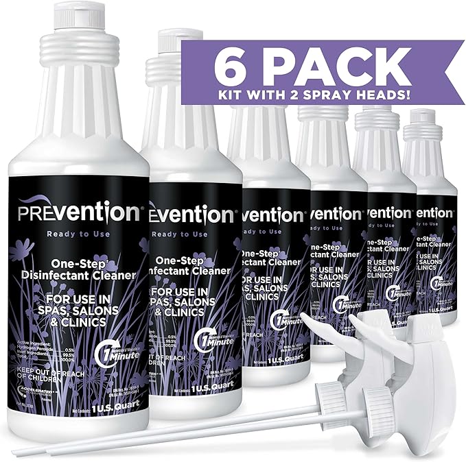 Prevention Ready-To-Use Disinfecting Cleaner – Hospital Grade Disinfectant Spray Solution for Salons Spas Clinics Surfaces – Sanitizing Solution &amp Two Reusable Sprayers – 32oz Bottle (6 Pack)