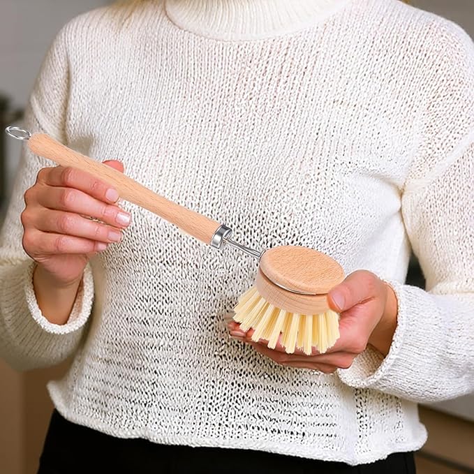 10 Pack Fiber Bristle 2-Inch All-Purpose Kitchen Dish Scrub Brush with Beechwood Handle - Dish Brush with Hooked Handle for Pots Pans and Kitchen Utensils - Made in Germany