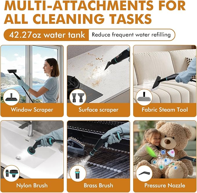 Steam Cleaner15s Heat-Up 42.27oz Tank2500W Pressurized Handheld Steam Cleaner for HomePortable Steamer for Cleaning with 15 pcs AccessoriesGreaseGroutFurnitureBed BugsFloorCouch and Car