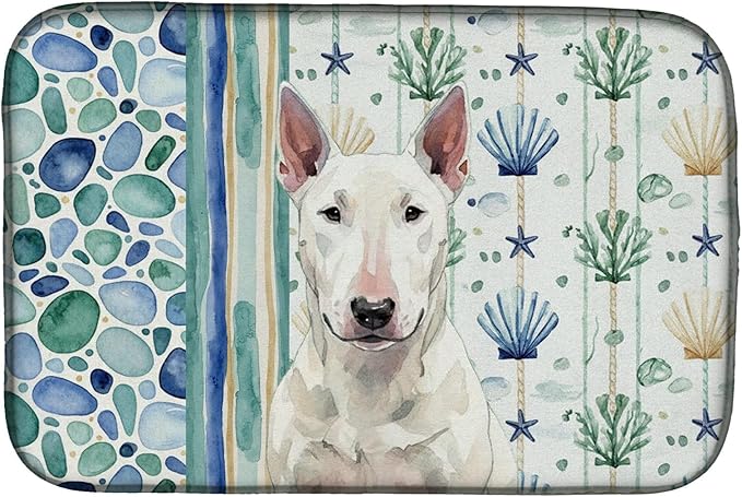 Caroline's Treasures White Bull Terrier Coastal Sea Glass Dish Drying Mat Absorbent Dish Drying Mat Pad for Kitchen Counter Dish Drainer Mat for Countertop 14 x 21 Multicolor