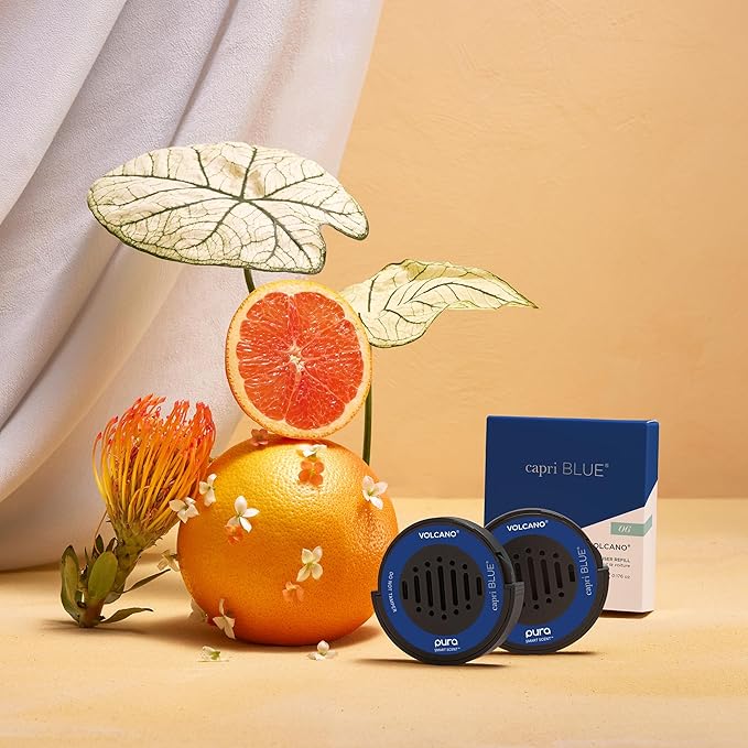 Capri Blue Pura Car Diffuser Refills - Includes 2 Car Air Freshener Pura Scent Diffusers - Long Lasting Air Freshener - Refills Only - Notes of Sugared Citrus &amp Tropical Fruits (Volcano 2 Pack)