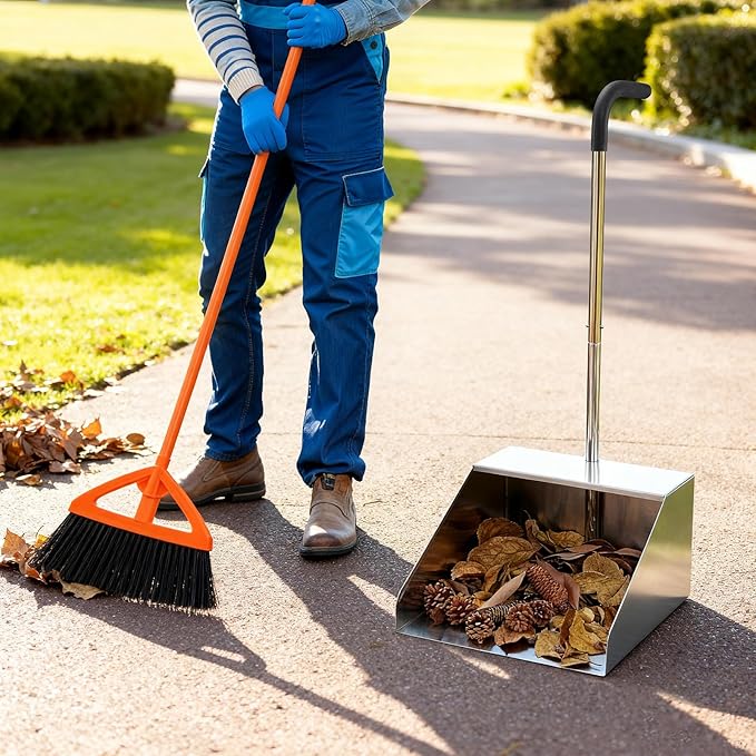 32In Extra Large Dust Pan with Long HandleHeavy Duty Metal Dust Pan for Jumbo Debris Pan-Commercial Stand up DustpanWide Mouth Outdoor Dustpan for Courtyards/Garage/Sidewalks-Professional Cleaning