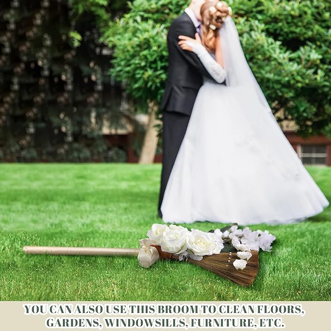 Yungyan Wedding Brooms for Jumping Ceremony Bride Bridegroom DIY Whisk Brooms 11.81 x 25.2 in with Ribbons Artificial Pearl Eucalyptus Leaves Roses Delphinium for Wedding Ceremony Craft