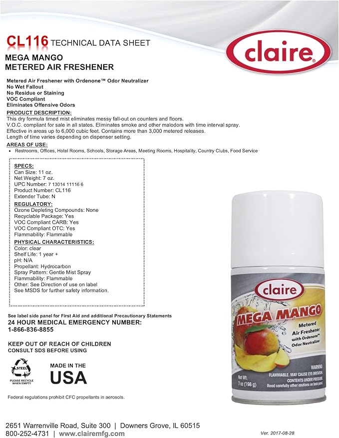 Claire CL116-12pk Mega Mango Metered Air Freshener 7 Oz. Net Wt. 12 Count