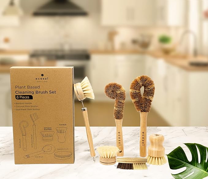 Ecozoi Bamboo Dish Brush Set 6 Piece for Vegetable and Kitchen Dish Cleaning Sisal &amp Coconut Fibers with Bamboo Handles Kitchen Brushes for Dishes Pots Pans