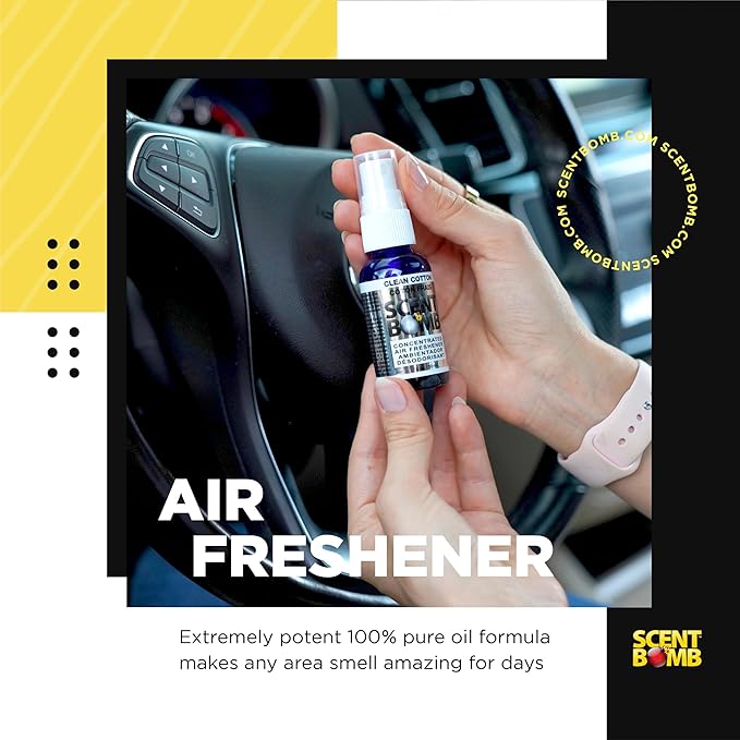 Scent Bomb Air Freshener Bundle - 1 oz &amp 8 oz Bottle Sprays Vent Clip Organic Cans Hanging Circle - Continuous Freshness &amp Long-Lasting Odor Eliminator for Car Home Bathroom - Clean Cotto