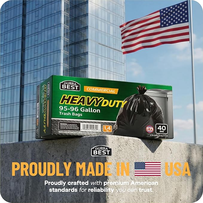 95-96 Gallon Heavy Duty Trash Bags – 1.4 Mil Extra Large 61 x 68 Garbage Bags for Rollaway Cans &amp Large Outdoor Trash Bins – Tear &amp Leak Resistant Commercial Liners – 40 Count Black Made in