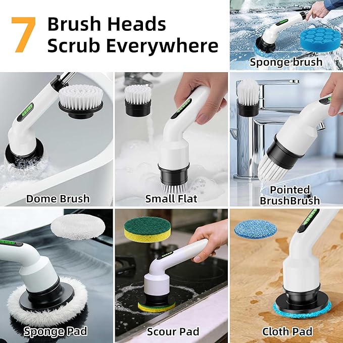 Electric Spin Scrubber Cordless IPX7 Waterproof Cleaning Brush with Dual-Hook Design 7 Replaceable Brush Heads Adjustable Telescopic Handle &amp 2 Speeds for Bathroom Kitchen Floor