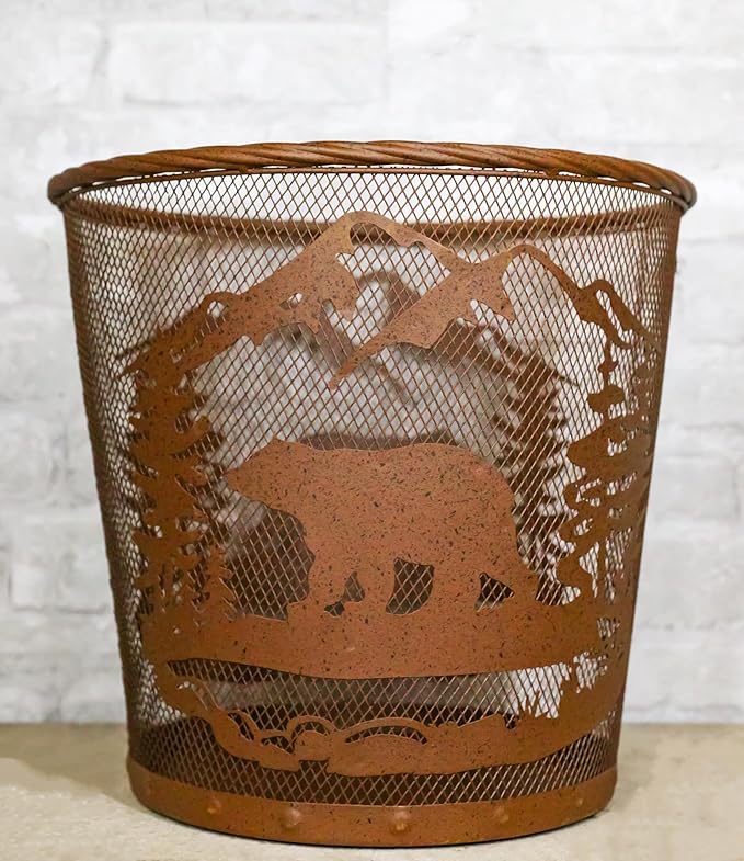 Ebros Rustic Black Bears Roaming Pine Trees Forest by The Mountains Rust Finish Metal Wire Waste Basket Bin 13 Wide Bear Home and Bathroom Accent Western Country Cabin Lodge Decorative Trash Can