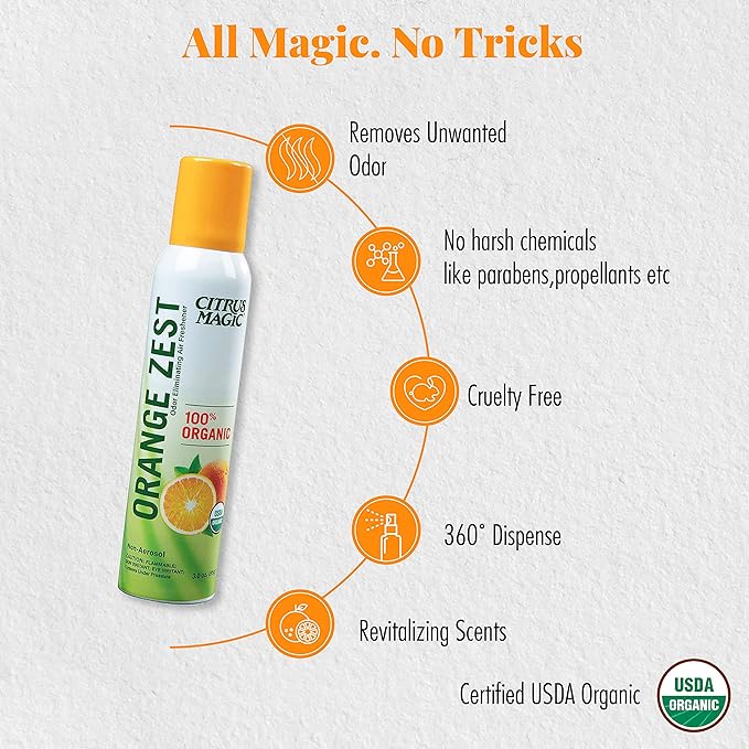 Citrus Magic Organic Natural Odor Eliminating Air Freshener Spray Orange Zest 3-Ounce Pack of 3